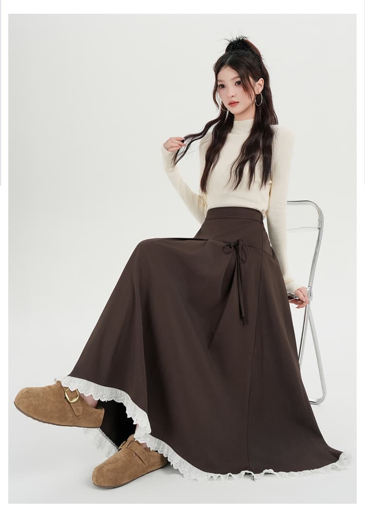 실사 연령 감소 학원 스타일 플리츠 정장 롱 스커트 하이웨이스트 슬림해 보이는 패치워크 레이스 레이스업 한 마디 반신 스커트 상세 이미지 35