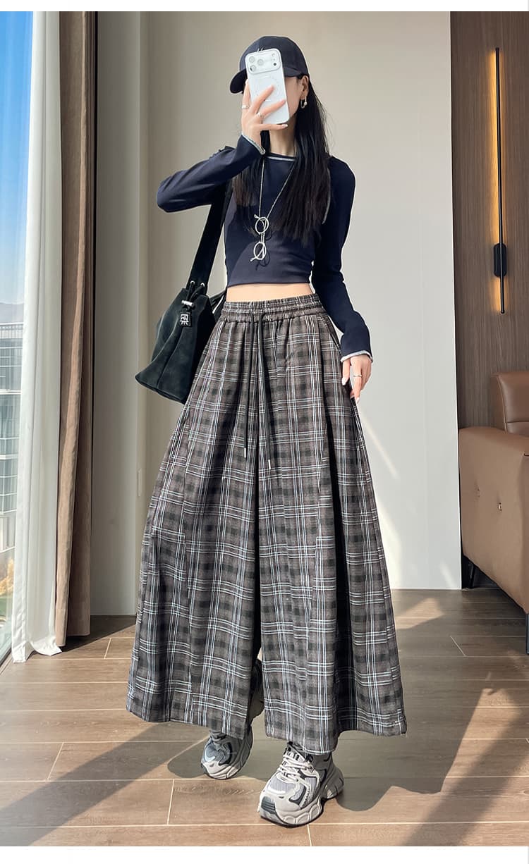 실사 허리밴드 펌프 로프 둘 착용 레트로 체크무늬 캐주얼 바지 가을 겨울 하이웨이스트 조거 와이드 레그 팬츠 패션 배기 바지 상세 이미지 27