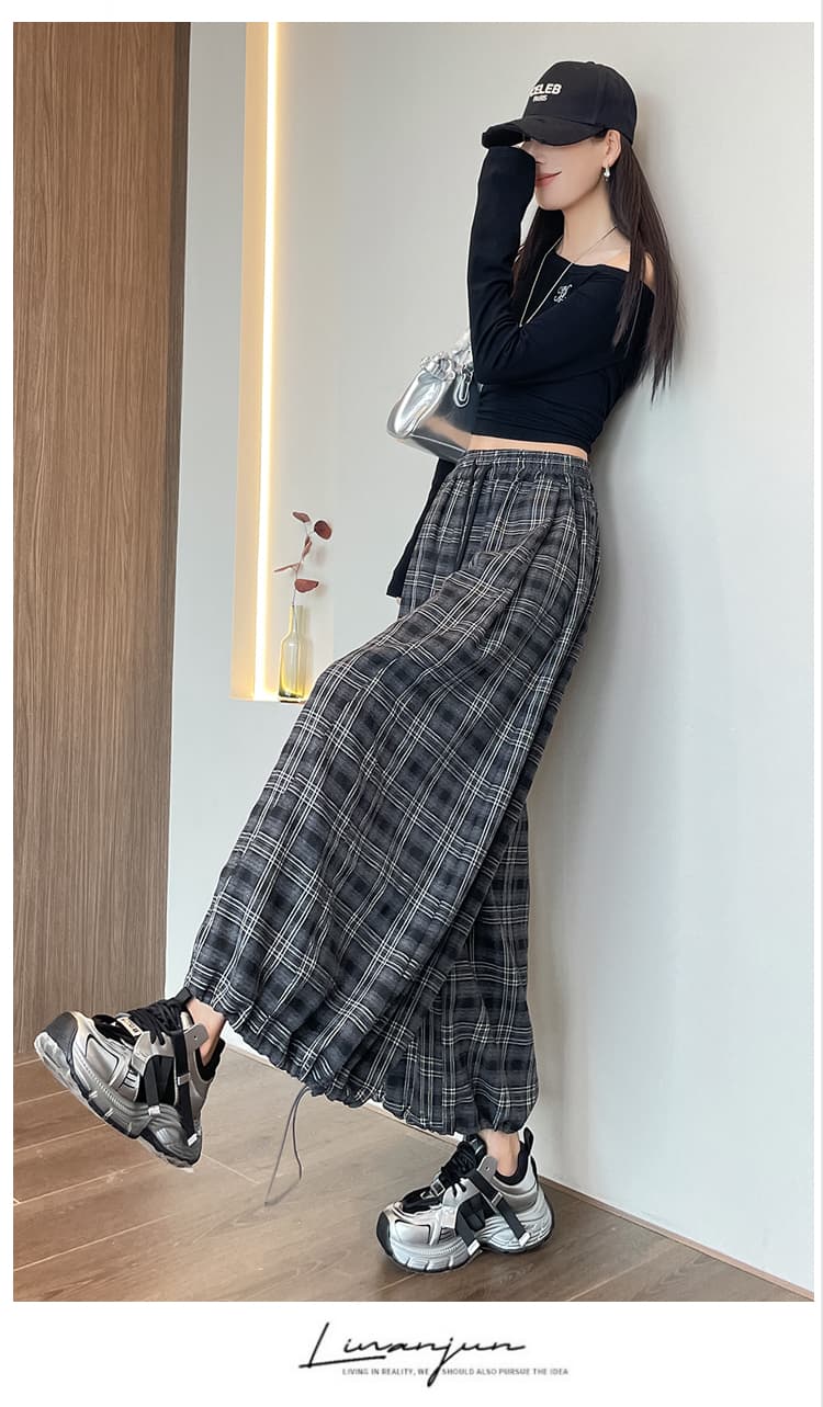 실사 허리밴드 펌프 로프 둘 착용 레트로 체크무늬 캐주얼 바지 가을 겨울 하이웨이스트 조거 와이드 레그 팬츠 패션 배기 바지 상세 이미지 46