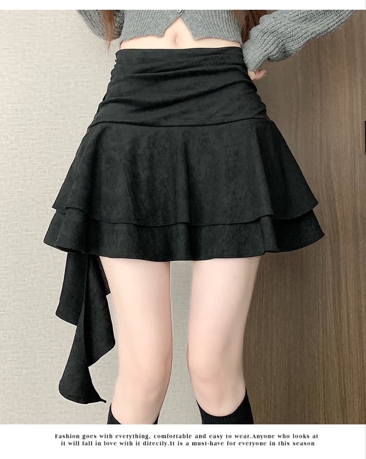 실사 디자인 센스 가을 겨울 레트로 사슴 캐시미어 불규칙 프릴 한 마디 반신 스커트 리본 주름 장식 미니 스커트 상세 이미지 25
