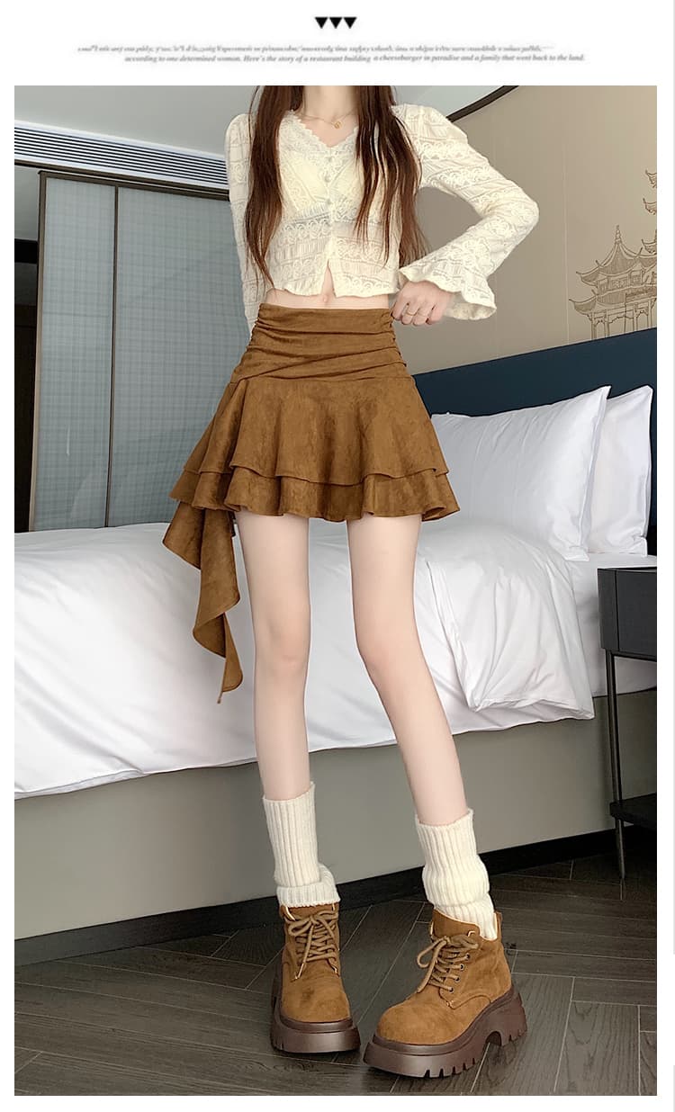 실사 디자인 센스 가을 겨울 레트로 사슴 캐시미어 불규칙 프릴 한 마디 반신 스커트 리본 주름 장식 미니 스커트 상세 이미지 30