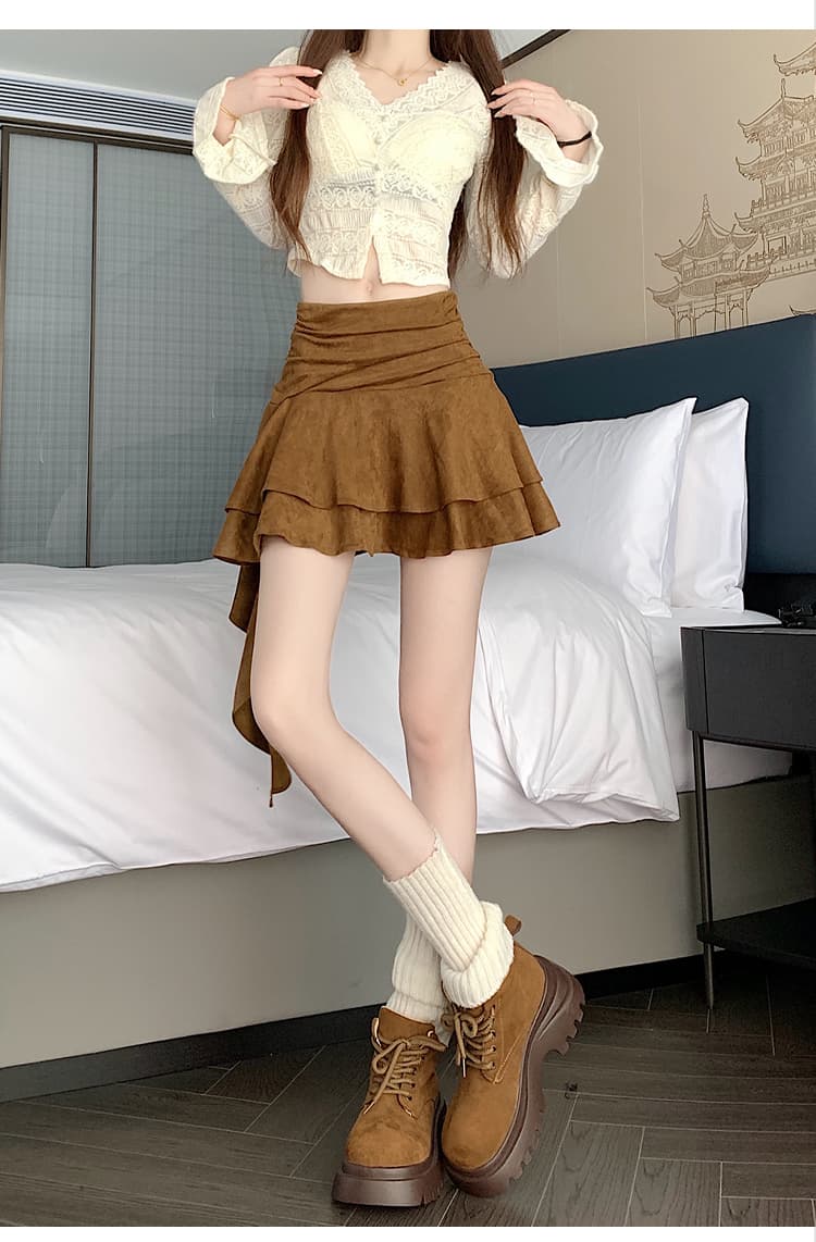 실사 디자인 센스 가을 겨울 레트로 사슴 캐시미어 불규칙 프릴 한 마디 반신 스커트 리본 주름 장식 미니 스커트 상세 이미지 37