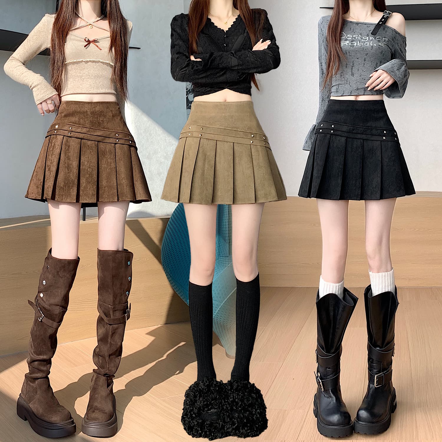 실사 디자인 센스 사슴 캐시미어 레트로 버드 나무 못 플리츠 미니 스커트 가을 겨울 새로운 하이웨이스트 ins 다용도 A라인 스커트 이미지 5