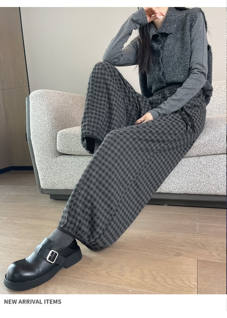 실사 느슨함 센스 하이웨이스트 연삭 털 체크무늬 와이드 레깅스 바지 가을 겨울 새로운 루즈핏 느긋한 캐주얼 랜턴 9부 바지 상세 이미지 70
