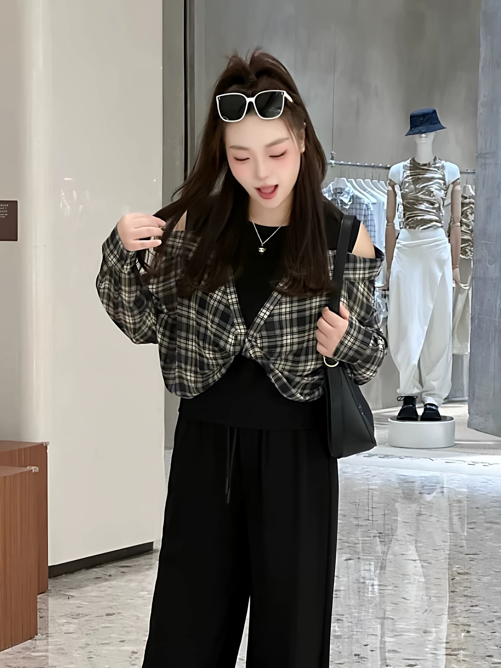 빅 사이즈 지방 mm 체크무늬 패치워크 페이크 레이어드 긴팔 여성 셔츠 봄 표지 고기 슬림해 보이는 다용도 오프숄더 Chic 맨위 상세 이미지 1