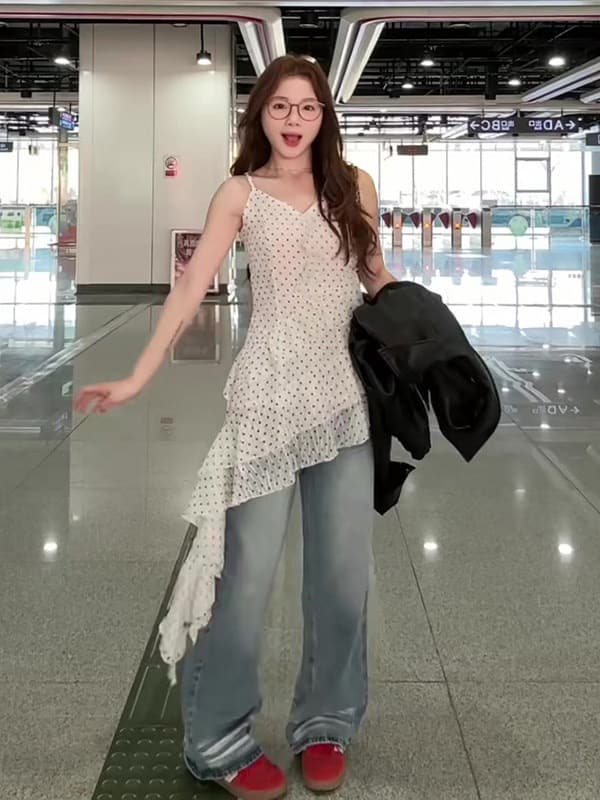 빅 사이즈 불규칙 프릴 민소매 슬립 드레스 2026 레트로 프린트 도트 무늬 인사이드 가져 가라. 외출용 여성 드레스 상세 이미지 1