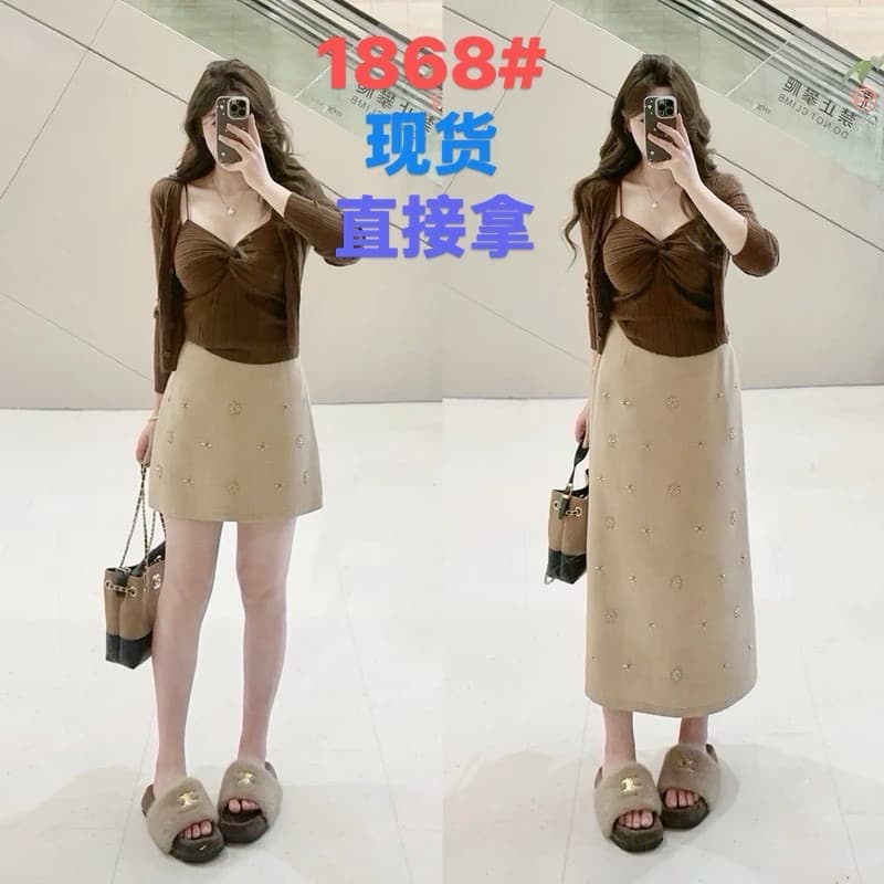 mumu 호박색 깃발 비틀림 디자인 니트 슬립 오픈 가디건 카키 색 반 스커트 세트 상세 이미지 1
