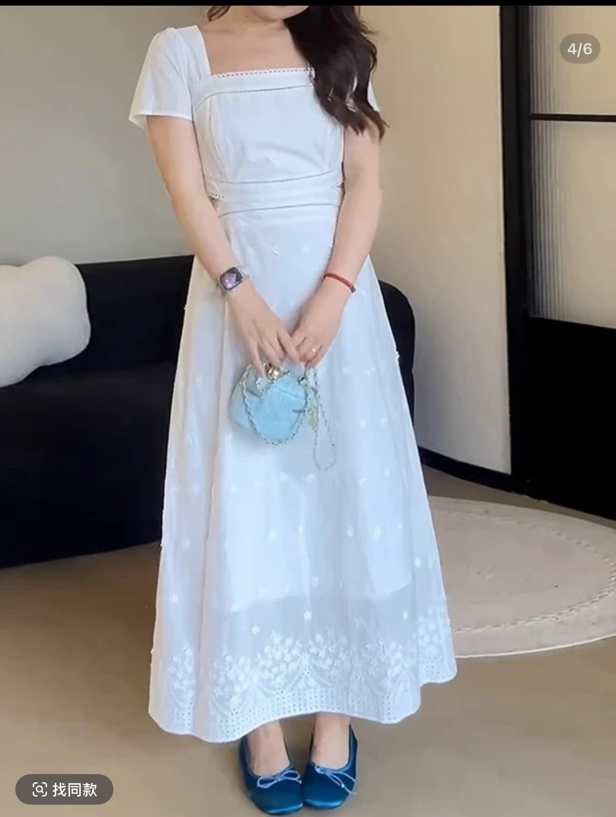 마이크로 지방 빅 사이즈 지방 mm 향나무 재스민 신선함 패션 Chic 하이웨이스트 꽃 광장 칼라 드레스 상세 이미지 1