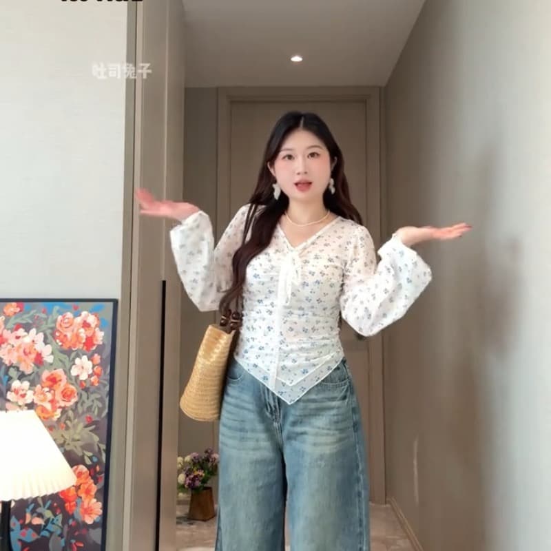 빅 사이즈 지방 mm 순수한 욕망 바람 꽃무늬 레이스 레이스업 티셔츠 여성 봄 새로운 불규칙 슬림해 보이는 맨위 상세 이미지 1