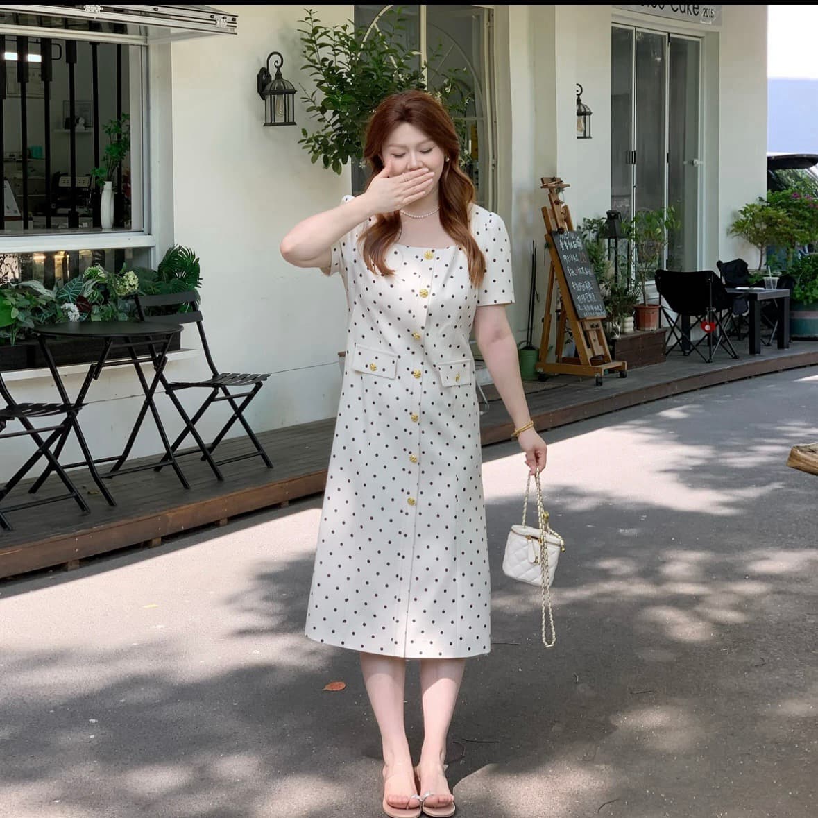 마이크로 지방 여성 의류 빅 사이즈 지방 mm 여름 분기 별 칼라 슬림해 보이는 표지 고기 연령 감소 도트 무늬 드레스 표지 배 이미지 3