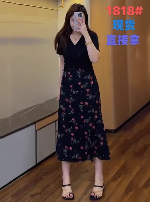 콜리 플라워 여름 품격 슬림해 보이는 꽃무늬 치마 여성 의류 디자인 센스 페이크 레이어드 새로운 빅 사이즈 지방 mm 숨기기 고기 드레스