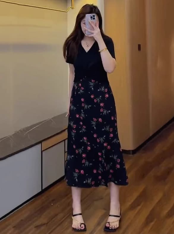 콜리 플라워 여름 품격 슬림해 보이는 꽃무늬 치마 여성 의류 디자인 센스 페이크 레이어드 새로운 빅 사이즈 지방 mm 숨기기 고기 드레스 상세 이미지 1