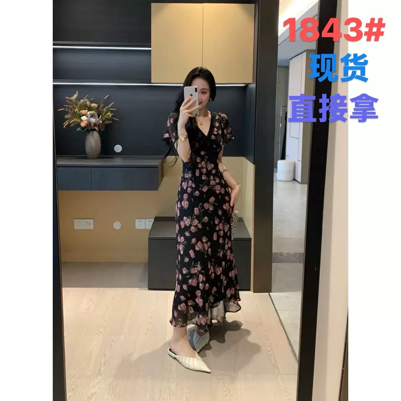 xinyi 어둠 밤 장미 여름 쉬폰 프린트 V넥 드레스 허리 수축 슬림해 보이는 품격