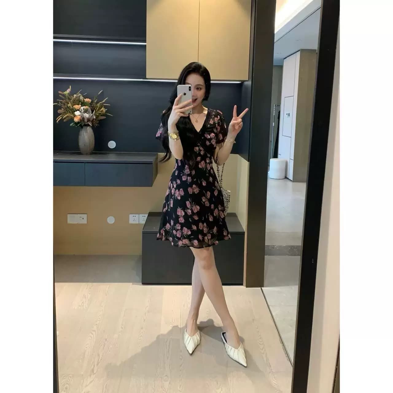 xinyi 어둠 밤 장미 여름 쉬폰 프린트 V넥 드레스 허리 수축 슬림해 보이는 품격 상세 이미지 2