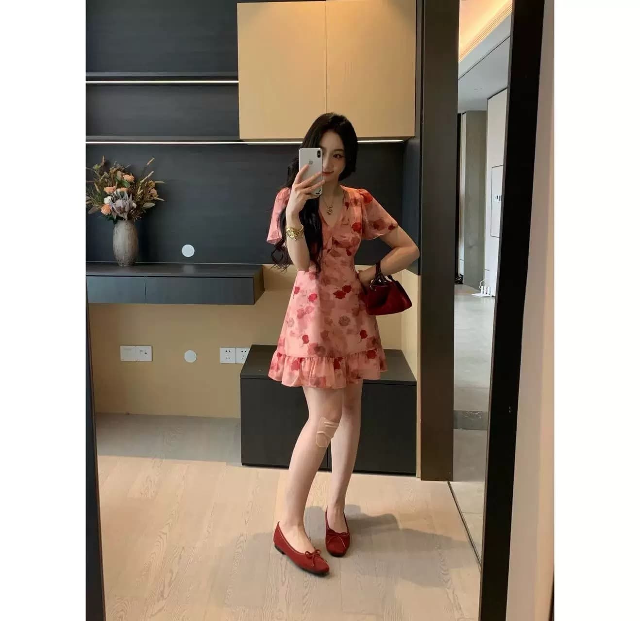 xinyi 어둠 밤 장미 여름 쉬폰 프린트 V넥 드레스 허리 수축 슬림해 보이는 품격 이미지 2