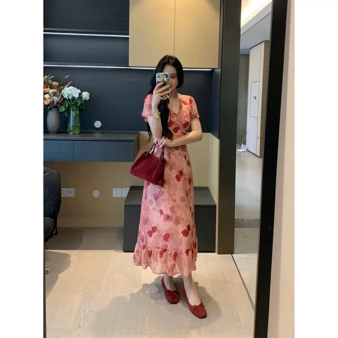 xinyi 어둠 밤 장미 여름 쉬폰 프린트 V넥 드레스 허리 수축 슬림해 보이는 품격 이미지 3