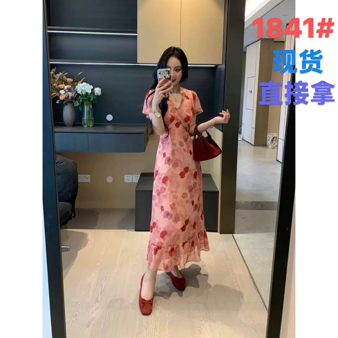 xinyi 어둠 밤 장미 여름 쉬폰 프린트 V넥 드레스 허리 수축 슬림해 보이는 품격