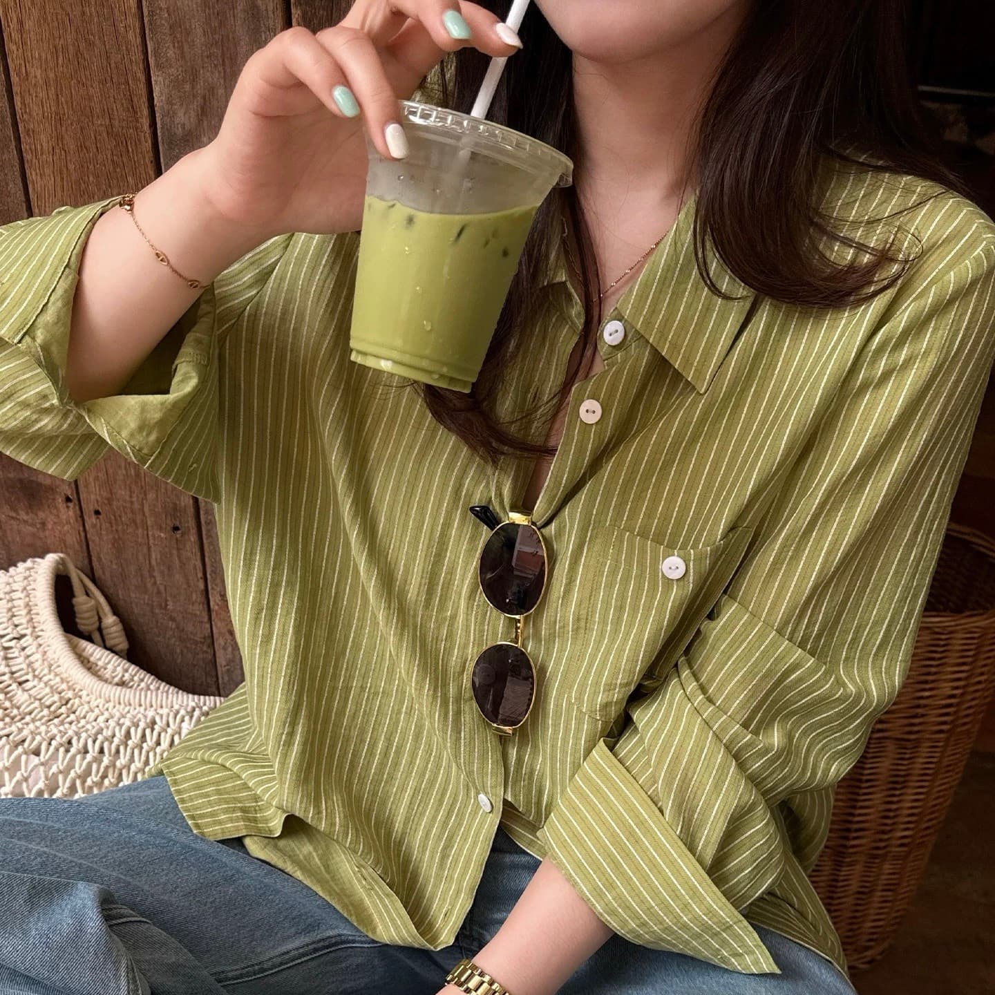 대 부드럽게 소스 빅 사이즈 여성 의류 마이크로 지방 자매 mm 여름 새로운 녹색 스트라이프 셔츠 아마 긴팔 셔츠 여성 이미지 2