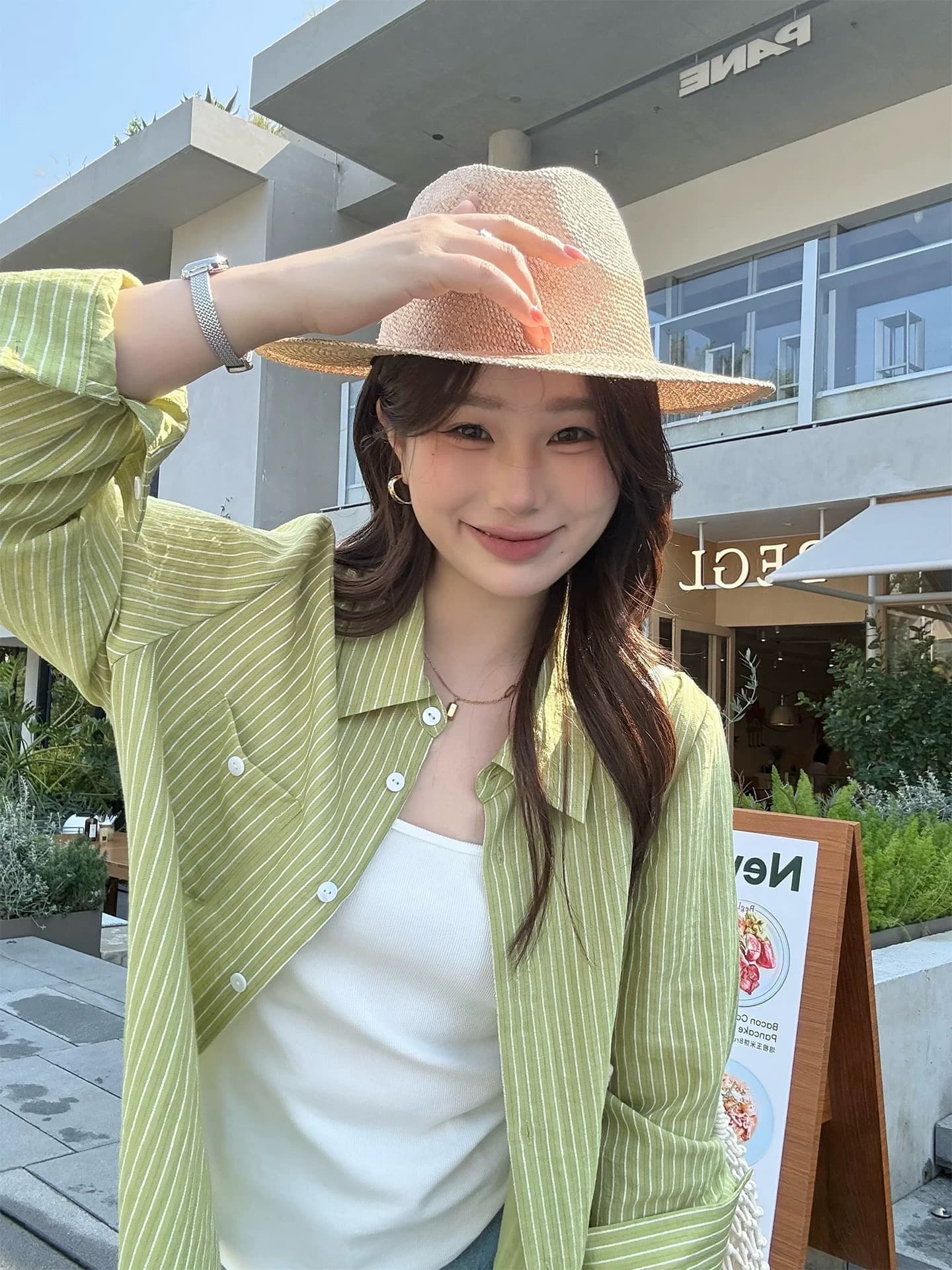 대 부드럽게 소스 빅 사이즈 여성 의류 마이크로 지방 자매 mm 여름 새로운 녹색 스트라이프 셔츠 아마 긴팔 셔츠 여성 이미지 3