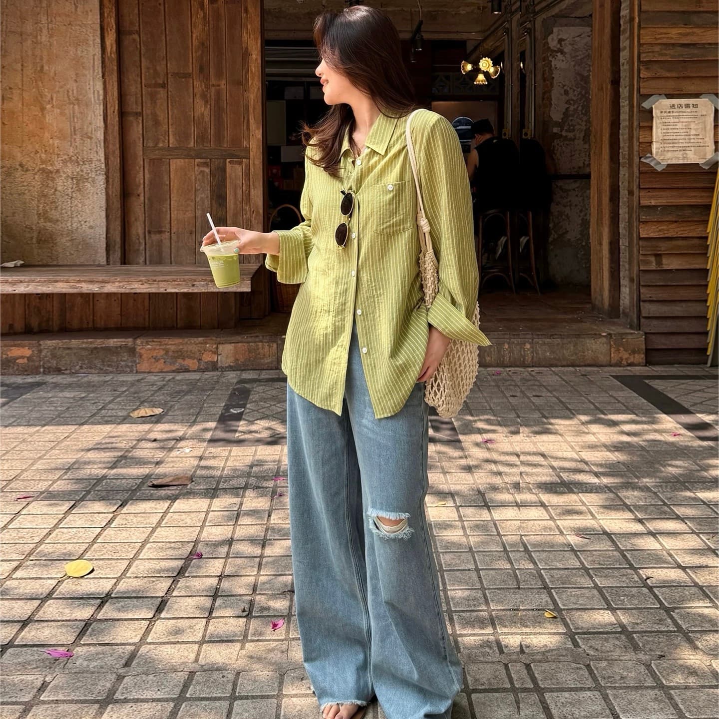 대 부드럽게 소스 빅 사이즈 여성 의류 마이크로 지방 자매 mm 여름 새로운 녹색 스트라이프 셔츠 아마 긴팔 셔츠 여성 상세 이미지 1