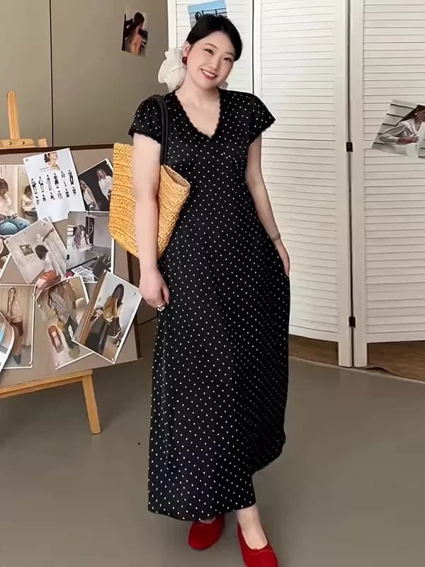 빅 사이즈 여성 의류 한 부서 레이스 측면 V넥 도트 무늬 드레스 여름 새로운 지방 mm 허리 수축 슬림해 보이는 품격 치마
