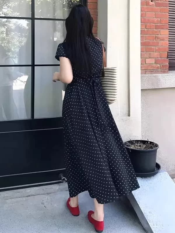 빅 사이즈 여성 의류 한 부서 레이스 측면 V넥 도트 무늬 드레스 여름 새로운 지방 mm 허리 수축 슬림해 보이는 품격 치마 이미지 4