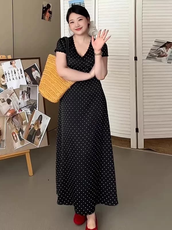 빅 사이즈 여성 의류 한 부서 레이스 측면 V넥 도트 무늬 드레스 여름 새로운 지방 mm 허리 수축 슬림해 보이는 품격 치마 상세 이미지 1