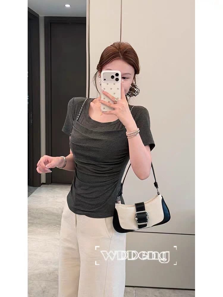 빅 사이즈 지방 mm 2026 여름 새로운 한 부서 순수한 욕망 디자인 섹션 페이크 레이어드 맨위 몸매 가꾸기 다용도 티셔츠 여성 의류 이미지 3