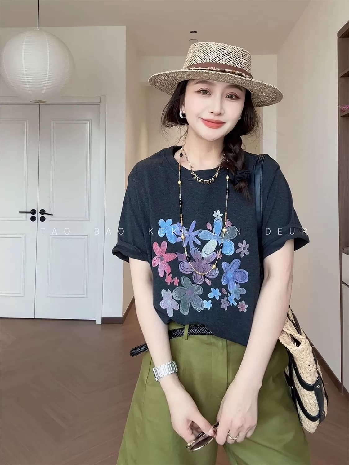 세계의 봄 패션 레트로 프린트 루즈핏 반팔 티셔츠 다용도 캐주얼 상세 이미지 1