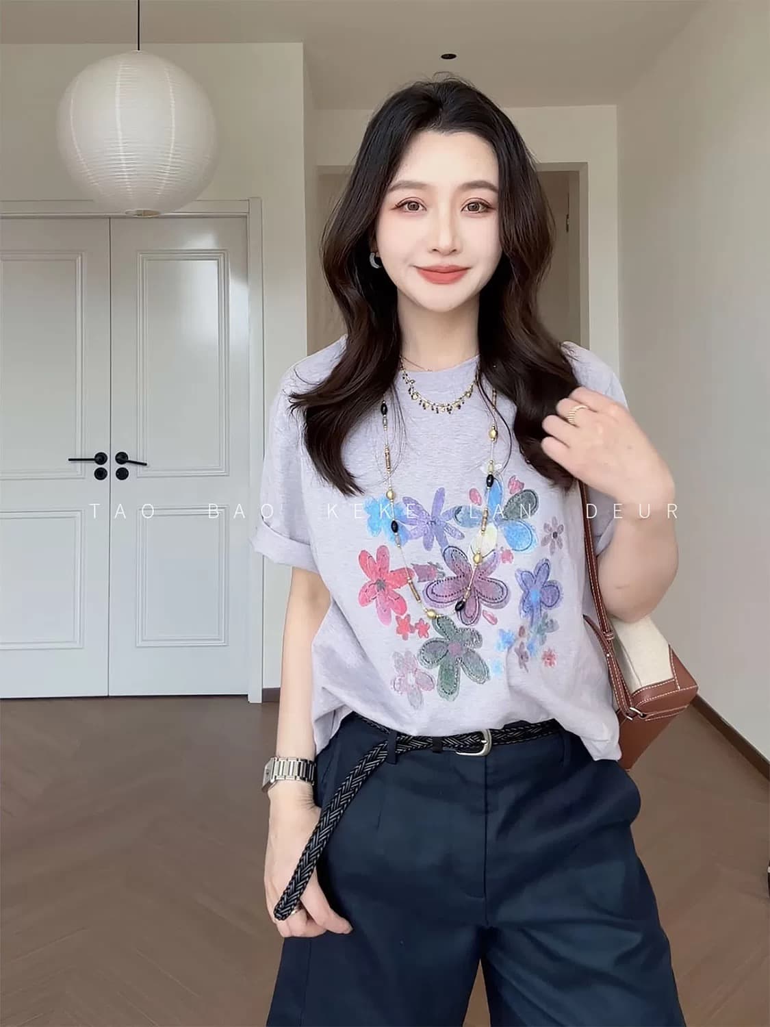 세계의 봄 패션 레트로 프린트 루즈핏 반팔 티셔츠 다용도 캐주얼 상세 이미지 2