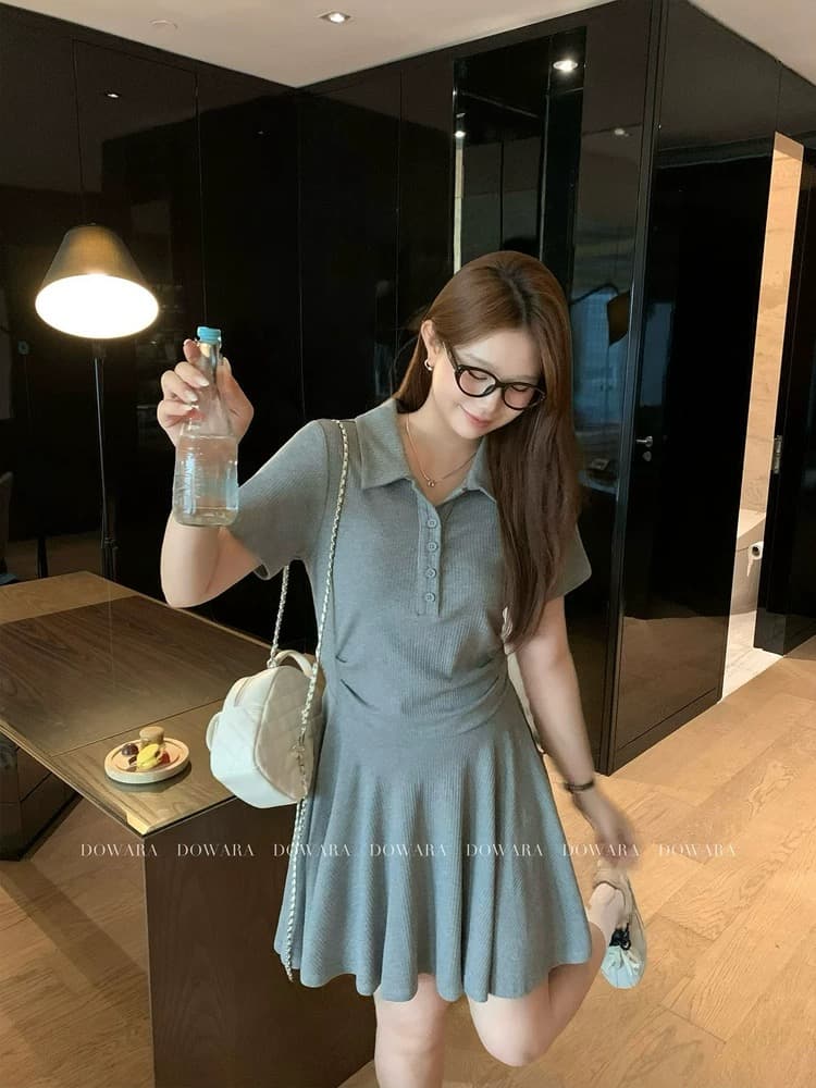 빅 사이즈 여성 의류 마이크로 지방 자매 mm 수퍼 모델 치마 허리 수축 슬림해 보이는 폴로 칼라 드레스 중간 길이 스커트 여름 여성 이미지 4