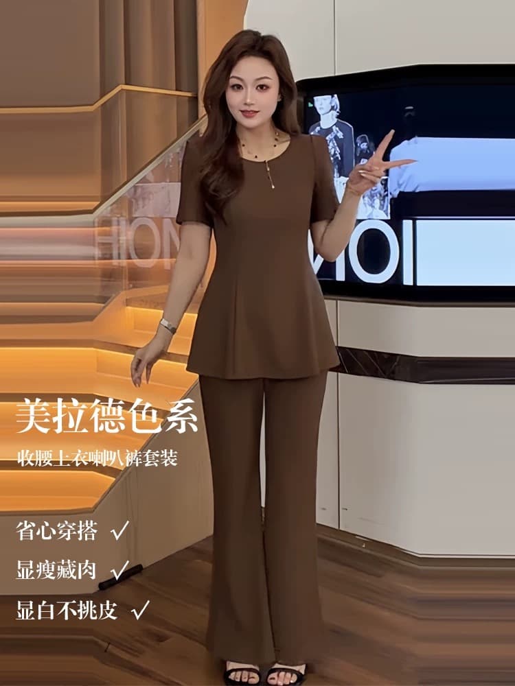 빅 사이즈 여성 의류 2026 여름 품격 느슨함 센스 세트 지방 mm 꼬집기 허리 긍정적 인 어깨 반팔 티셔츠 부츠컷 바지 이미지 3