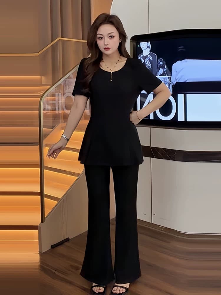 빅 사이즈 여성 의류 2026 여름 품격 느슨함 센스 세트 지방 mm 꼬집기 허리 긍정적 인 어깨 반팔 티셔츠 부츠컷 바지 이미지 2