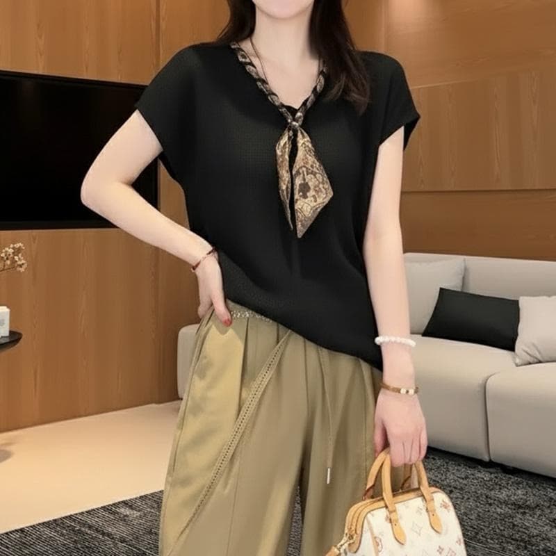 빅 사이즈 여성 의류 오래된 돈 바람 스카프 검정색 반팔 니트 스웨터 여름 얇은 스타일 지방 mm 루즈핏 표지 고기 품격 맨위