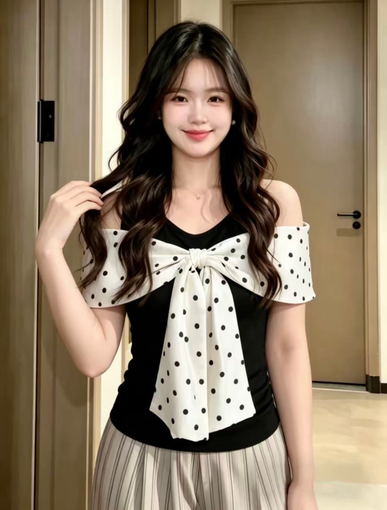 빅 사이즈 지방 mm 한 부서 한 부서 도트 무늬 나비 매듭 오프숄더 반팔 티셔츠 몸매 가꾸기 슬림해 보이는 디자인 센스 맨위 여름 이미지 2