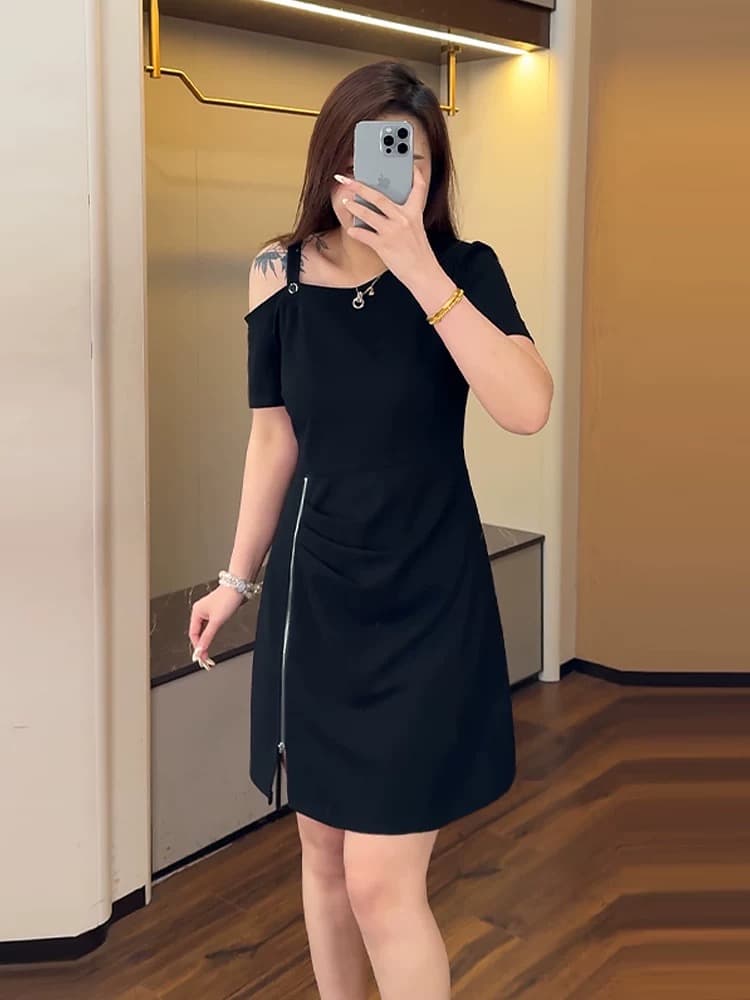 빅 사이즈 여성 의류 마이크로 지방 mm 디자인 센스 오프숄더 반팔 드레스 2026 여름 새로운 품격 길다 치마 이미지 3