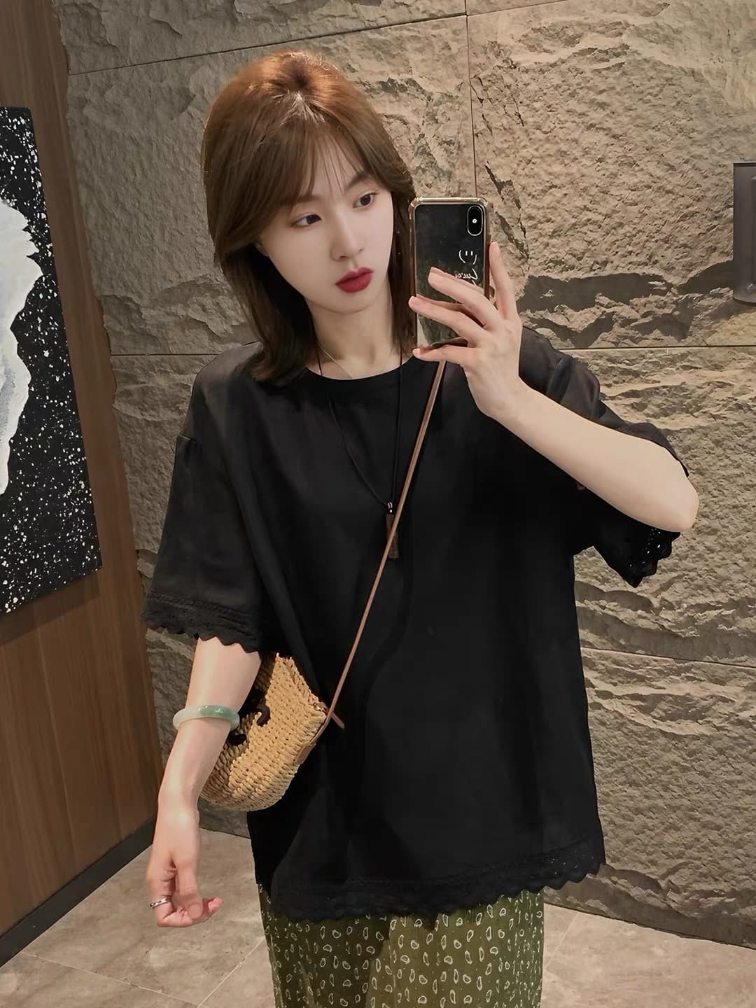빅 사이즈 레이스 레이스 패치워크 검정색 반팔 티셔츠 여성 여름 새로운 지방 mm 루즈핏 슬림해 보이는 슈퍼 잘 생긴 맨위