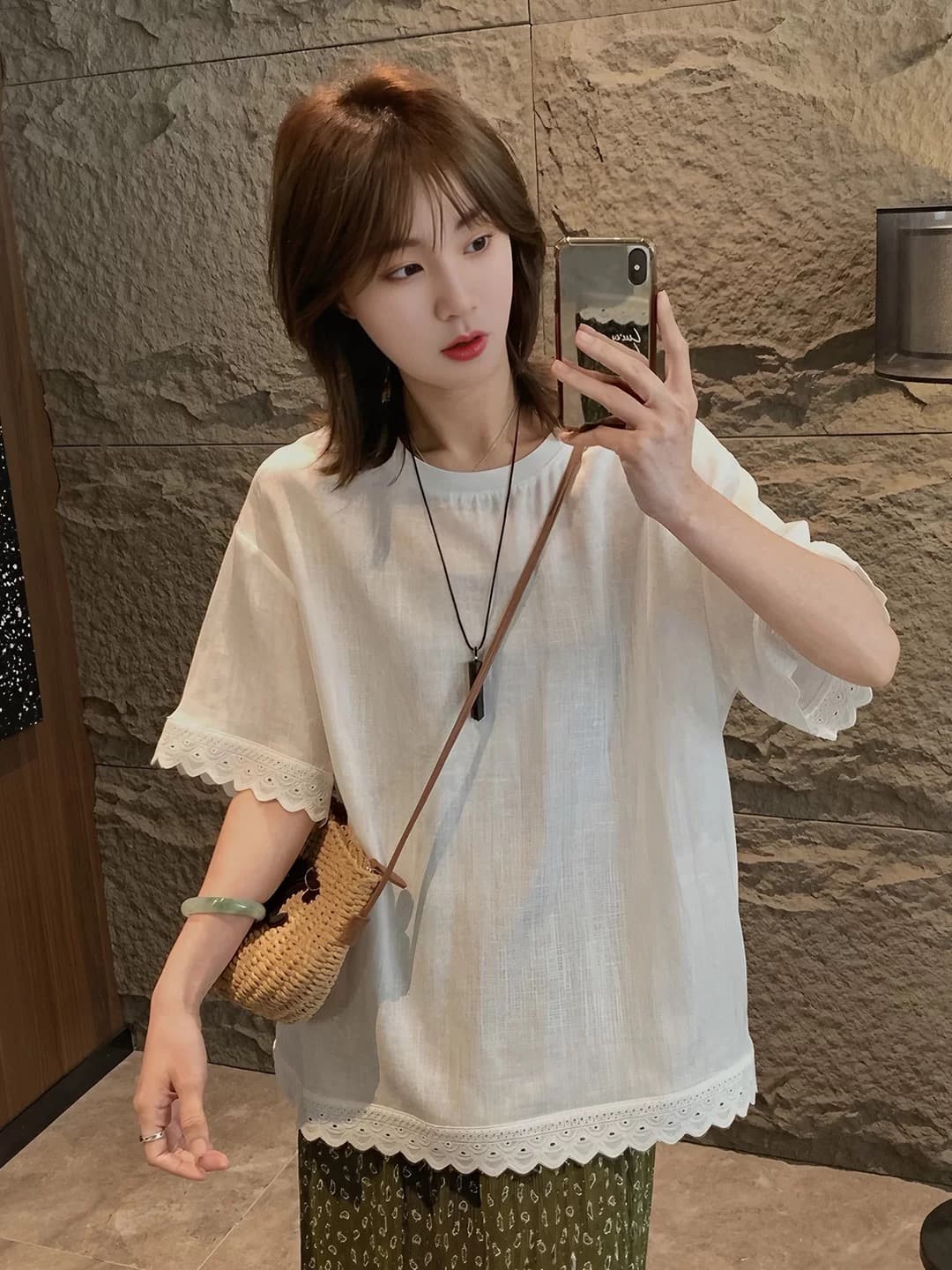 빅 사이즈 레이스 레이스 패치워크 검정색 반팔 티셔츠 여성 여름 새로운 지방 mm 루즈핏 슬림해 보이는 슈퍼 잘 생긴 맨위 이미지 2