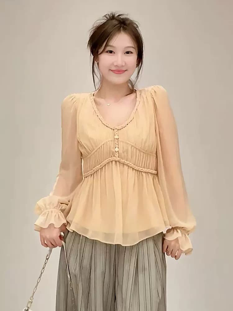 왕 기다려라. 보여주기 구슬 미스 2026 가을 오리지널 캐주얼 여행 바람 쉬폰 셔츠 맨위 이미지 2
