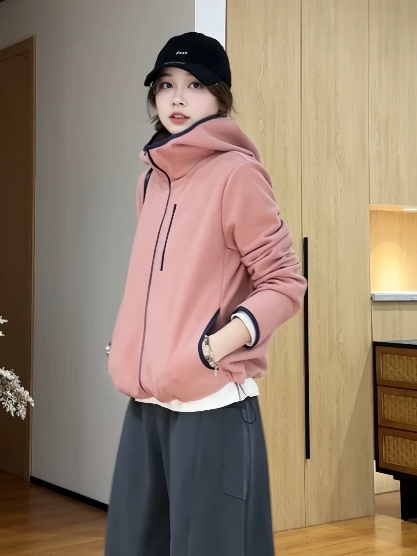 마이크로 지방 캐주얼 운동 바람 연령 감소 후드 지퍼 후드티 여성 코트 가을 배색 루즈핏 슬림해 보이는 다용도 맨위 이미지 2