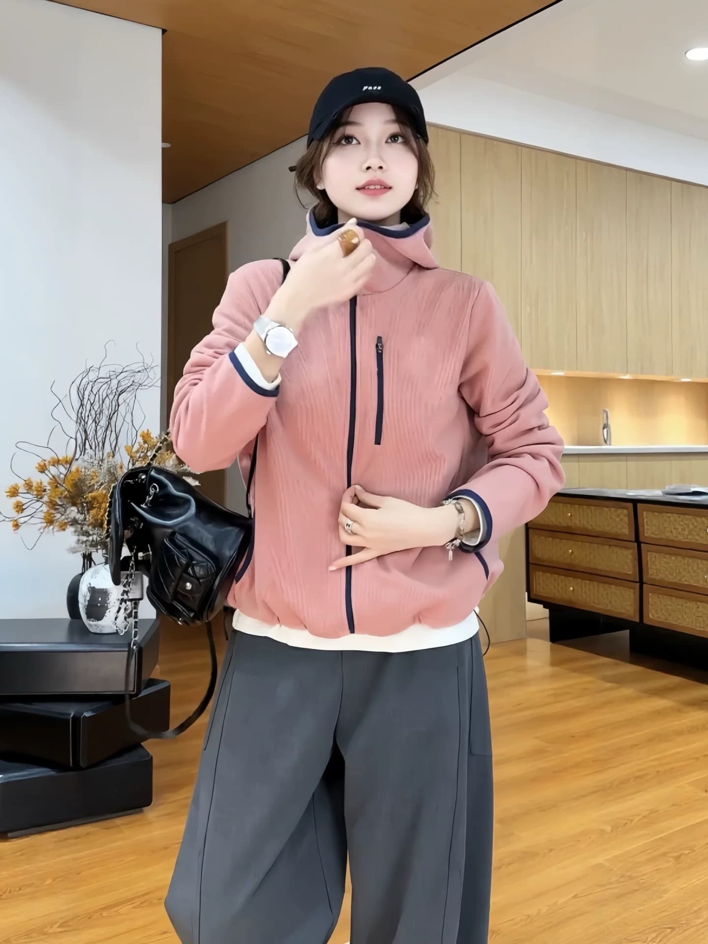 마이크로 지방 캐주얼 운동 바람 연령 감소 후드 지퍼 후드티 여성 코트 가을 배색 루즈핏 슬림해 보이는 다용도 맨위 이미지 3