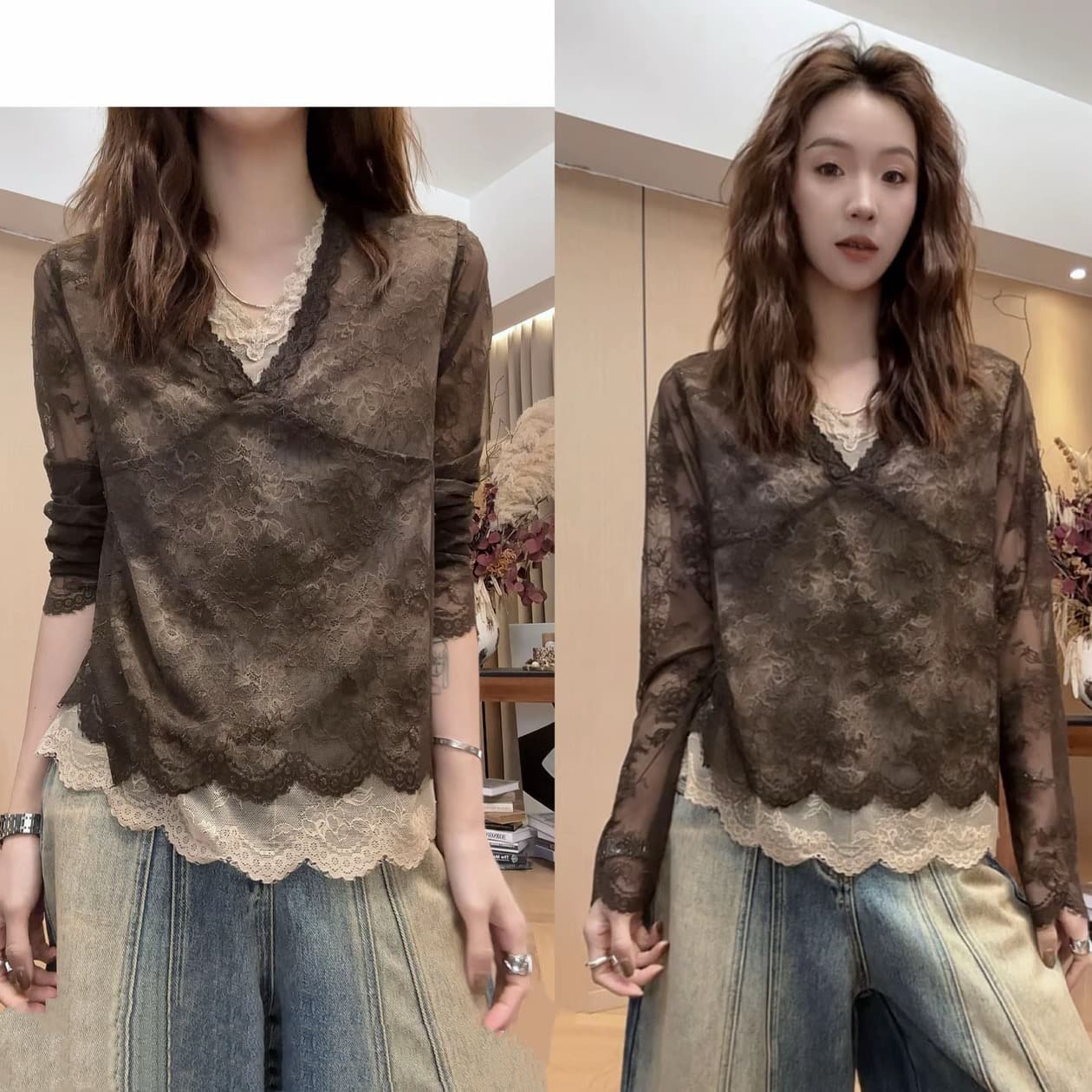 작은 조용한 잠시 장미 자카드 레이스 2026 이른 가을 새로운 다용도 긴팔 티셔츠 맨위 상세 이미지 1