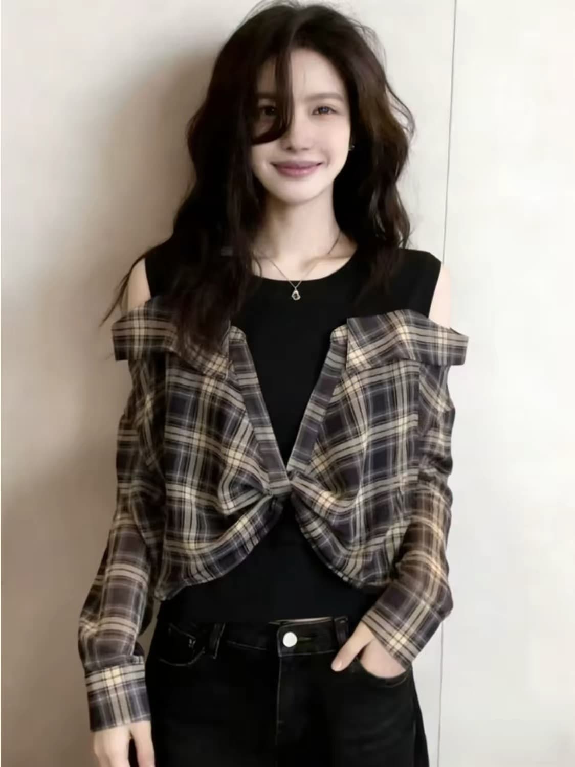 한국 스타일 체크무늬 배색 페이크 레이어드 오프숄더 여성 셔츠 봄 가을 빅 사이즈 통통한 여동생 캐주얼 바람 레트로 품격 셔츠 상세 이미지 2
