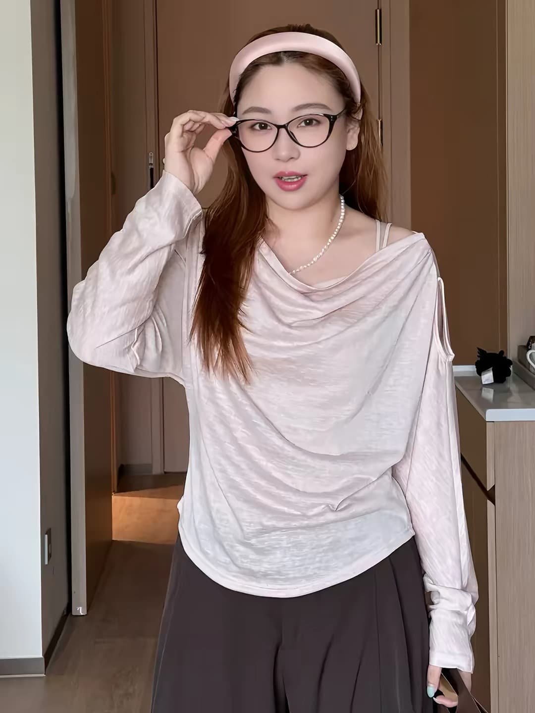 빅 사이즈 디자인 센스 흔들다 칼라 오프숄더 긴팔 티셔츠 여성 이른 가을 새로운 지방 mm 허리 수축 슬림해 보이는 한 부서 chic 맨위