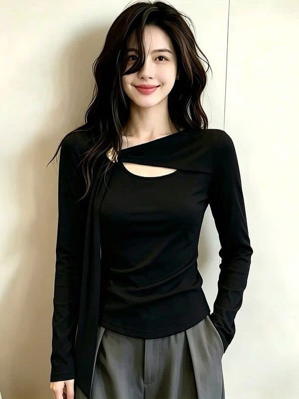 빅 사이즈 여성 의류 품격 핫걸 홀로우 아웃 리본 디자인 센스 긴팔 티셔츠 가을 패션 다용도 만나는 맨위