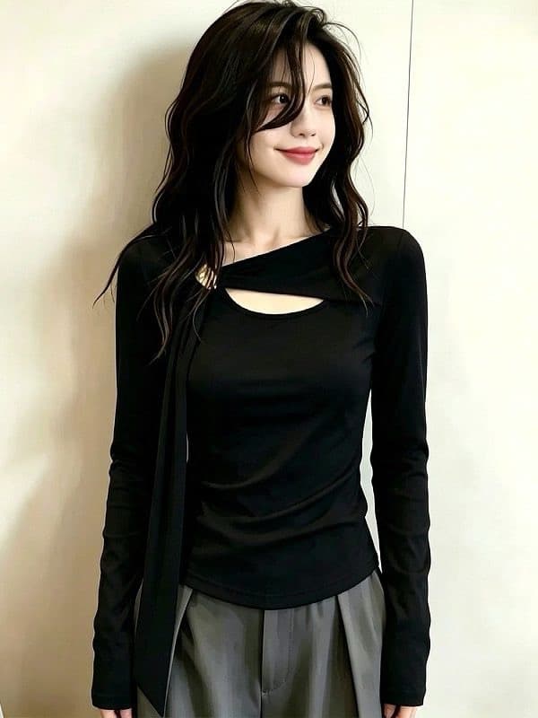 빅 사이즈 여성 의류 품격 핫걸 홀로우 아웃 리본 디자인 센스 긴팔 티셔츠 가을 패션 다용도 만나는 맨위 상세 이미지 1