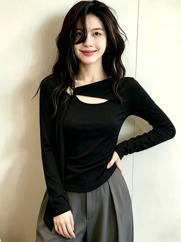 빅 사이즈 여성 의류 품격 핫걸 홀로우 아웃 리본 디자인 센스 긴팔 티셔츠 가을 패션 다용도 만나는 맨위 상세 이미지 2
