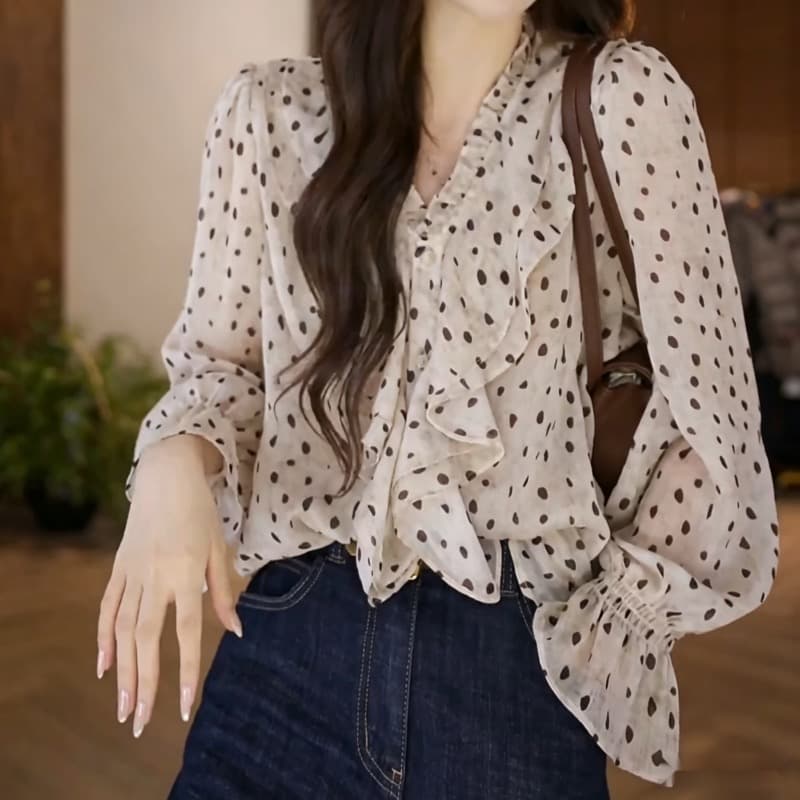 이른 가을 새로운 프랑스식 도트 무늬 프릴 긴팔 셔츠 이미지 3