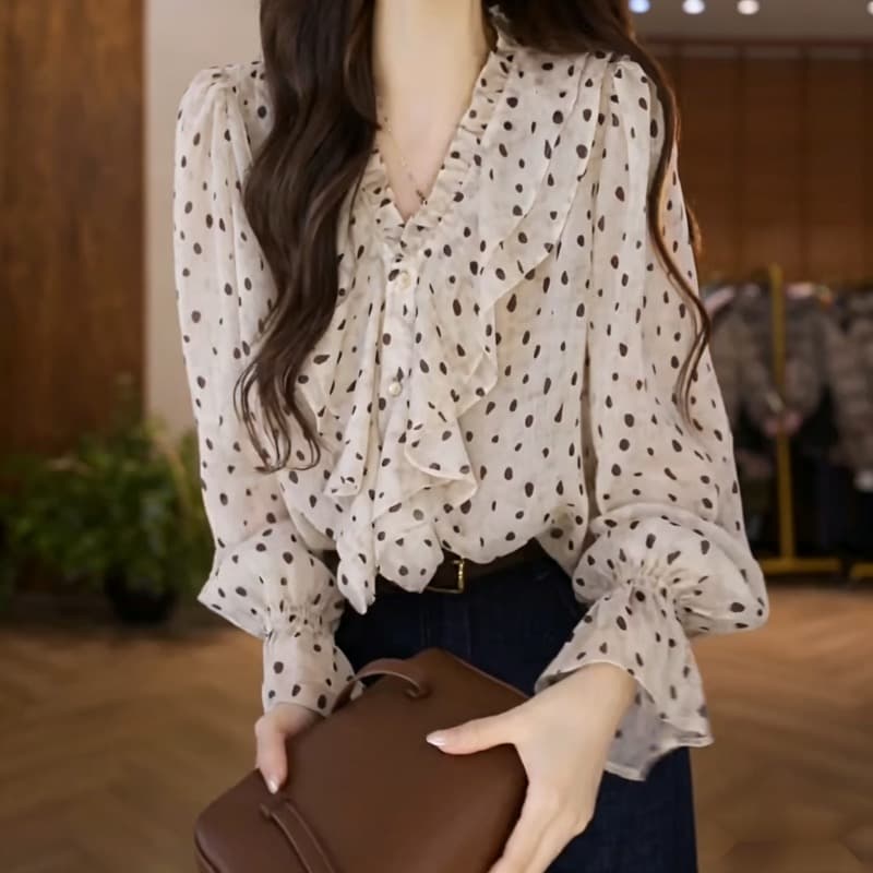 이른 가을 새로운 프랑스식 도트 무늬 프릴 긴팔 셔츠 이미지 2