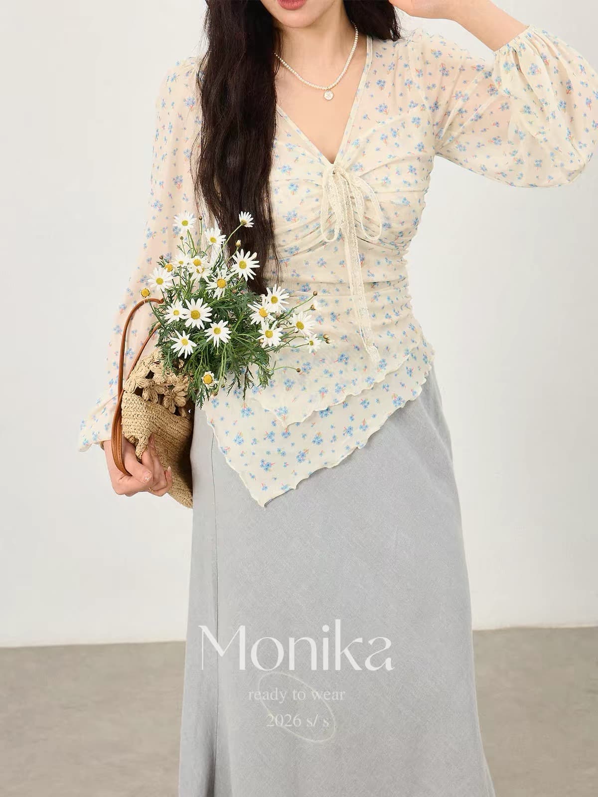 빅 사이즈 마이크로 지방 꽃무늬 망사 긴팔 작은 셔츠 여성 지방 mm 표지 고기 슬림해 보이는 불규칙 허리 수축 표지 고기 슬림해 보이는 맨위